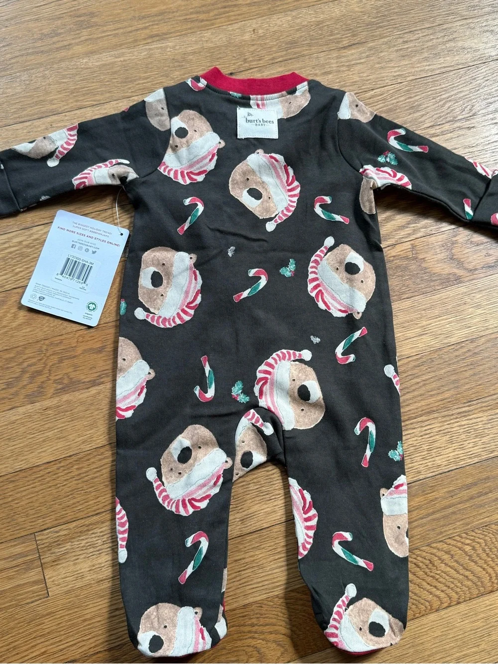 NWT Burt's Bees Baby 0-3 Christmas Candy Cane  Bears Sleep + Play One Piece
